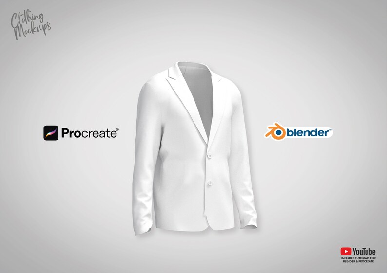 May include: A white blazer mockup for product design. The blazer has a two-button closure and long sleeves. The image includes the logos for Procreate and Blender, and a YouTube logo with the text "Includes tutorials for Blender & Procreate".