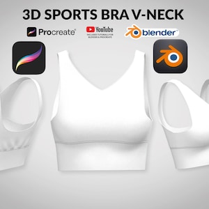 Puede incluir: Sujetador deportivo blanco con cuello en V y banda ancha. El sujetador se muestra desde tres ángulos diferentes. La imagen incluye el texto "3D SPORTS BRA V-NECK", "Procreate", "YouTube" y "blender".