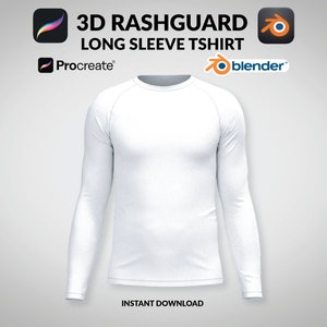 Puede incluir: Maqueta de camiseta de rashguard de manga larga blanca. Modelo 3D creado en Blender y Procreate. Descarga instantánea. Incluye tutoriales para Blender y Procreate.