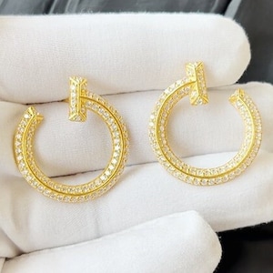 14k T-Earring , T-Hoop Earring, Pave Diamond Hoop Earring, Designer Earrings, Dainty Earrings, Gift for Her, Studs earring, Fine Jewelry