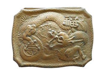 Vintage Japanese Brass Dragon Box – Art Deco Cigarette / Trinket Case with Longevity Symbols