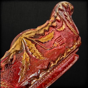 Small Northwood Goofus Glass Bowl | Ruby Stained Gold Gilt Leaf Dish (Early 1900s)