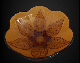 Vintage Anchor Hocking Amber Beaded Leaf Bowl | Renaissance Pressed Glass c.1960s