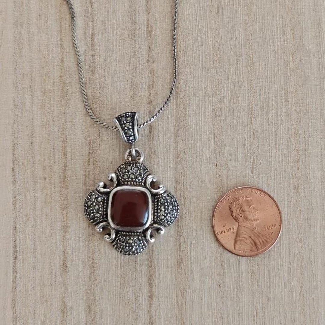 Vintage Sterling Silver Marcasite Garnet Paste Pendant Necklace | Art ...