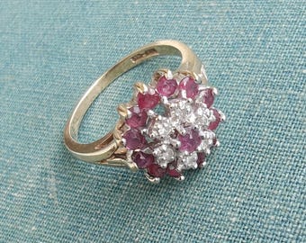 Vintage Ruby & Diamond Flower Cluster Ring | 10K Yellow Gold | Size 6 | Natural Rubies