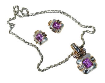 Vintage Two Tone Necklace Set Faux Amethyst Pendant Earrings Upcycled Statement