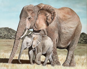 Elephant family acrylic painting “Love Never Ends”, 100 x 80 cm, hyperrealistic original painting, acrylic on linen