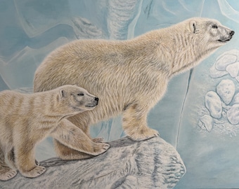 Polar bear family acrylic painting “Never Be Alone”, 100 x 70 cm, hyperrealistic original painting, acrylic on canvas