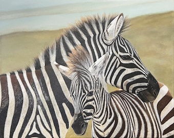 Zebra family acrylic painting “Safe And Secure”, 100 x 80 cm, hyperrealistic original painting, acrylic on linen