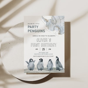 Invitación de cumpleaños de pingüino, primera invitación de cumpleaños, tema de pingüino, plantilla editable 5x7, invitación imprimible, descarga instantánea