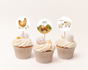 Farm Animal Cupcake Toppers: Watercolor Barnyard Birthday (Printable, Editable), 2"