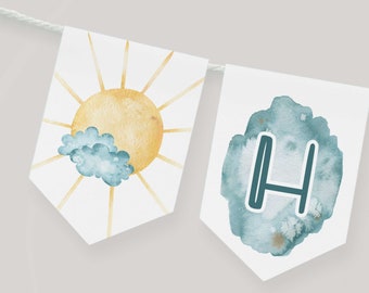 Teal Sun eerste verjaardagsbanner: aquarelgors (5 x 7 afdrukbare pdf, direct downloaden)