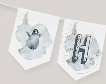 Penguin Birthday Banner: Watercolor Emperor Penguin Party Decor (Printable PDF), 5x7