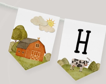 Striscione di compleanno a tema fattoria: animali acquerellati, decorazioni per feste in fattoria (stampabile 5x7)