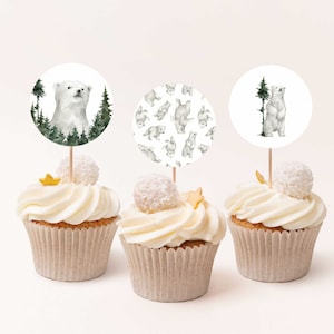 Polar Bear Cupcake Toppers: Watercolor First Birthday (Digital Download), 2.5&quot;