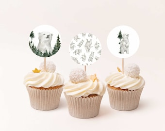 Toppers de cupcakes de oso polar, primer cumpleaños, cumpleaños de invierno, toppers de cupcakes de oso, toppers de oso polar, imprimible de 2,5", descarga instantánea