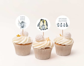 Toppers de cupcakes de pingüino emperador, cumpleaños de pingüino, fiesta de pingüinos, familia de pingüinos emperador, topper de cumpleaños, 2.0" imprimible, descarga instantánea