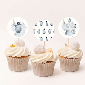 Penguin Birthday Cupcake Toppers: Watercolor Party Penguins (Digital Download, Printable PDF), 2.5&quot;