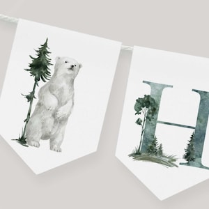 Banner de feliz cumpleaños del oso polar, fiesta del oso polar, estandarte de la bandera del oso, primer cumpleaños, cumpleaños del oso polar, 5x7, imprimible, descarga instantánea