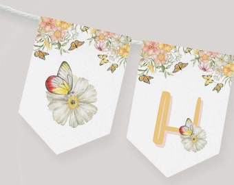 Butterfly Happy Birthday Banner: Watercolor Floral Party Decor (Printable PDF), 5x7