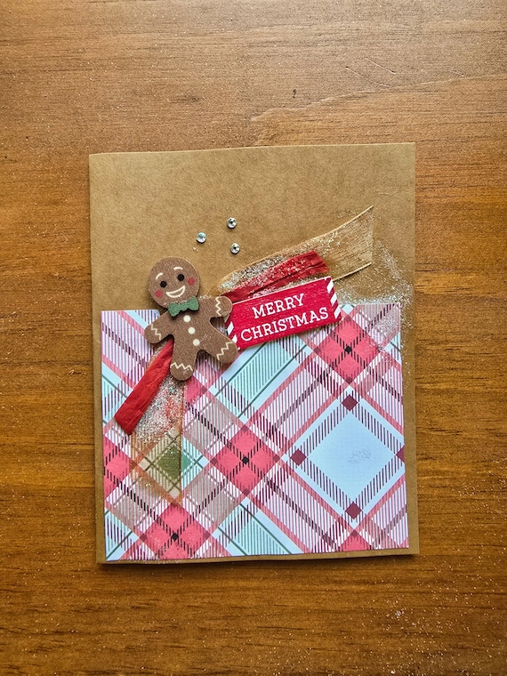 Handmade Gingerbread Man Christmas Card: Red Plaid & Rhinestones