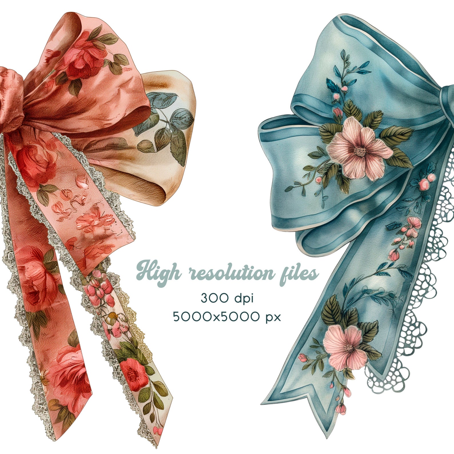Vintage Floral Lace Bow Ribbon Collection Clipart Set Retro Style ...