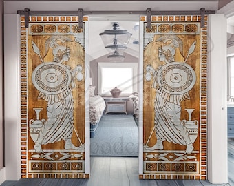 Hand Carved Solid Wood Sliding Doors: Antique Greek Warrior Art