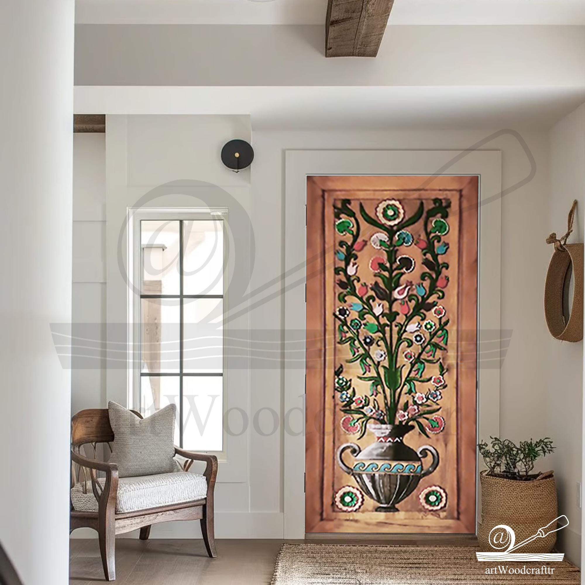 Floral Painted Antique Door: Hand Carved Botanical Art, Custom Size