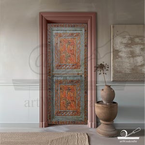 Hand Painted Antique Solid Wood Door | Floral Boho Entry Door Panel | Custom Size Rustic Barn Door 36 inch | Ethnic Decor | Artwoodcrafttr