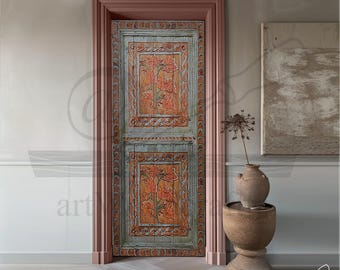 Hand Painted Floral Wood Door: Antique Boho Entry Decor