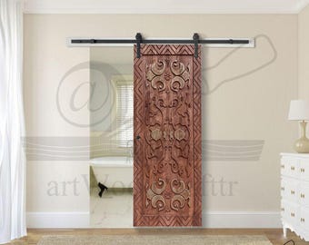 Hand Carved Pine Wood Barn Door: Rustic Middle Eastern Design