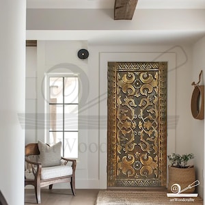 Hand Carved Ornamental Wood Door: Bronze Tone Antique Style