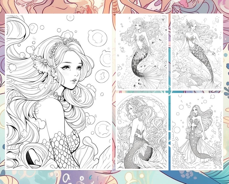 30 Coloring Pages With Manga Mermaids, Grayscale Coloring Sheet HD ...