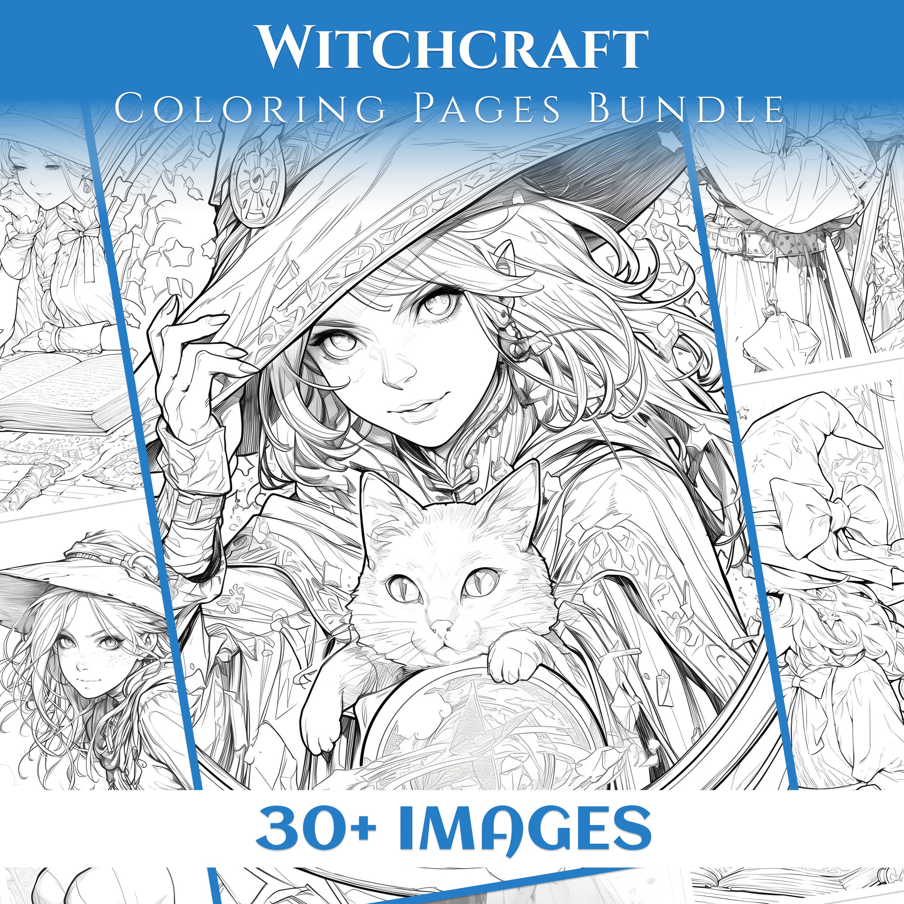 30+ Witchcraft Anime Coloring Manga with Owls | Coloring Pages for Adults Printable Book Art, Colori