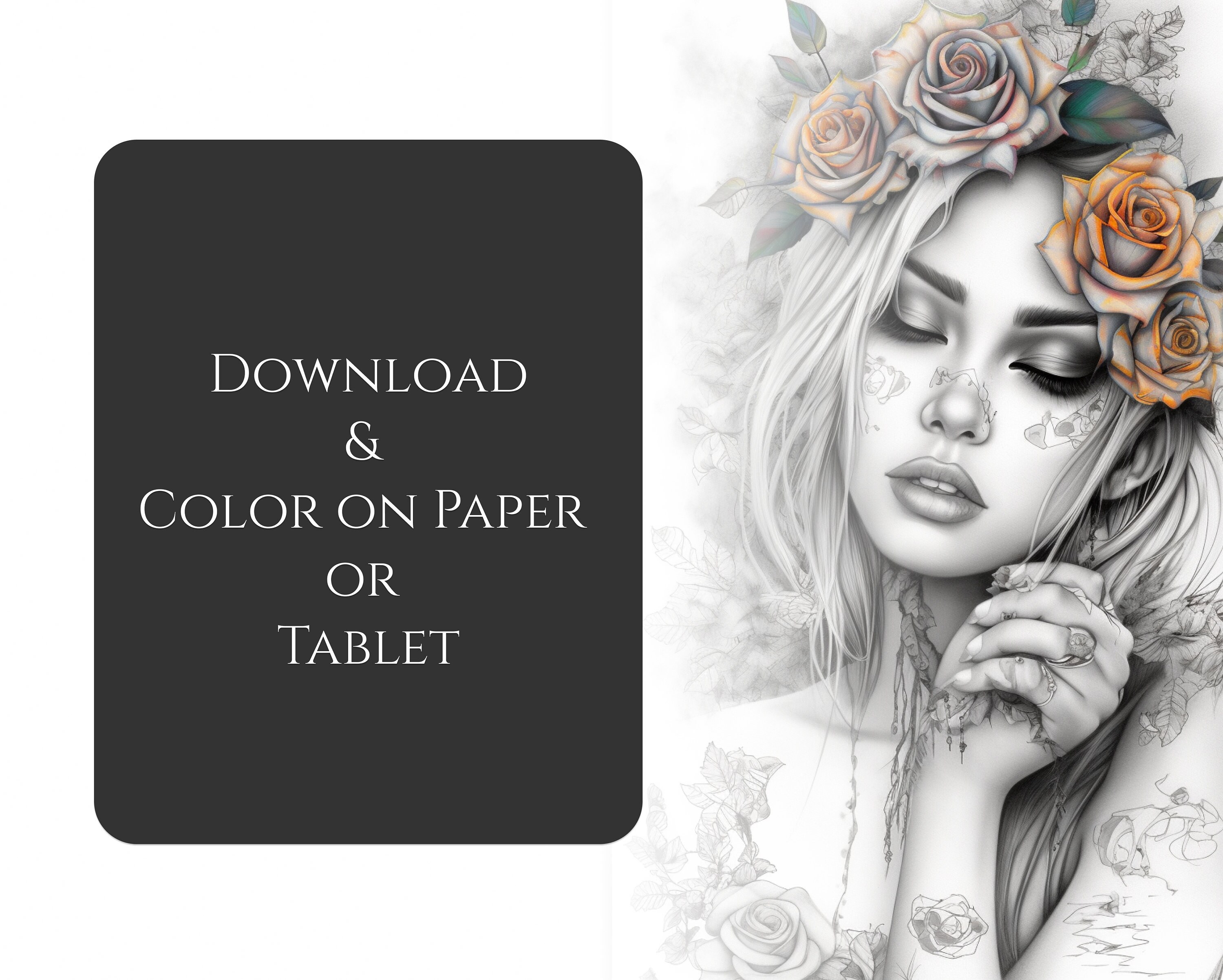 35 Aesthetic Coloring Pages With Inked Girls in Roses, Grayscale ...