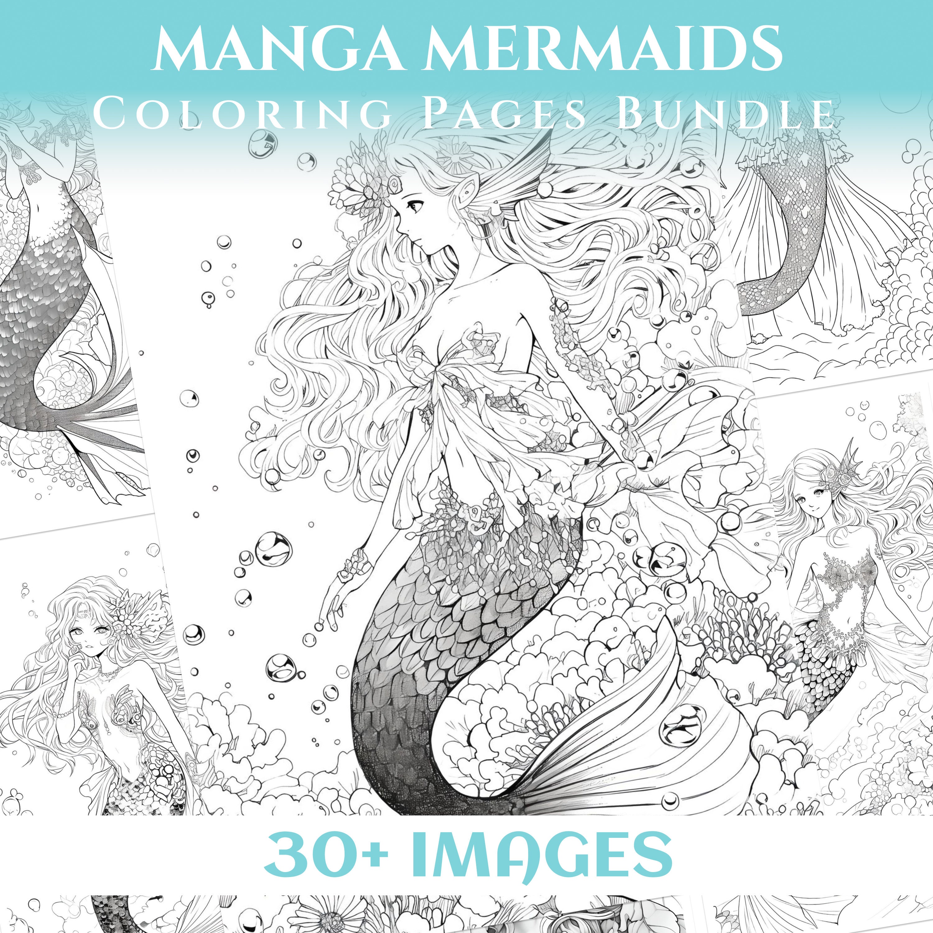 30 Coloring Pages With Manga Mermaids, Grayscale Coloring Sheet HD ...