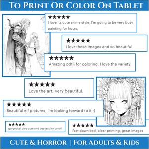 May include: A collection of five-star reviews for a digital coloring book. The reviews highlight the cute anime style, beautiful images, variety of designs, and fast download speed. The text "TO PRINT OR COLOR ON TABLET" and "CUTE & HORROR | FOR ADULTS & KIDS" is also visible.