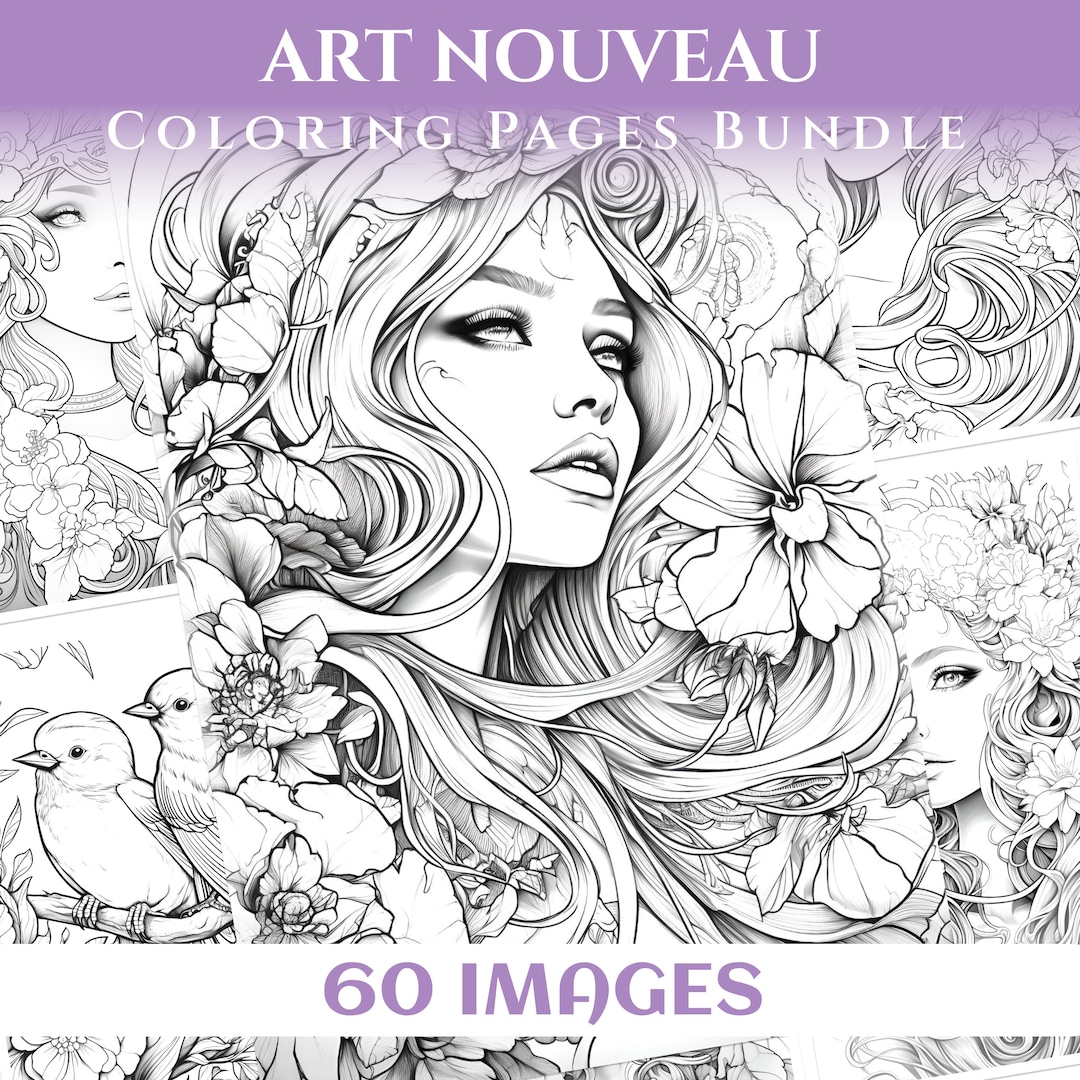 60 Art Nouveau Coloring Pages for Adults Flowers Butterflies Birds ...