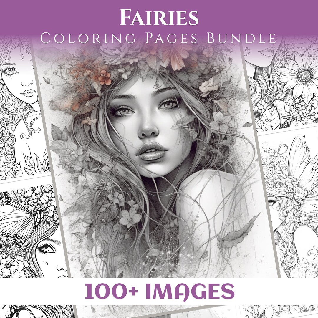 100 Printable Fairy Coloring Pages for Adults Printable Book Fantasy, Grayscale and Line ...