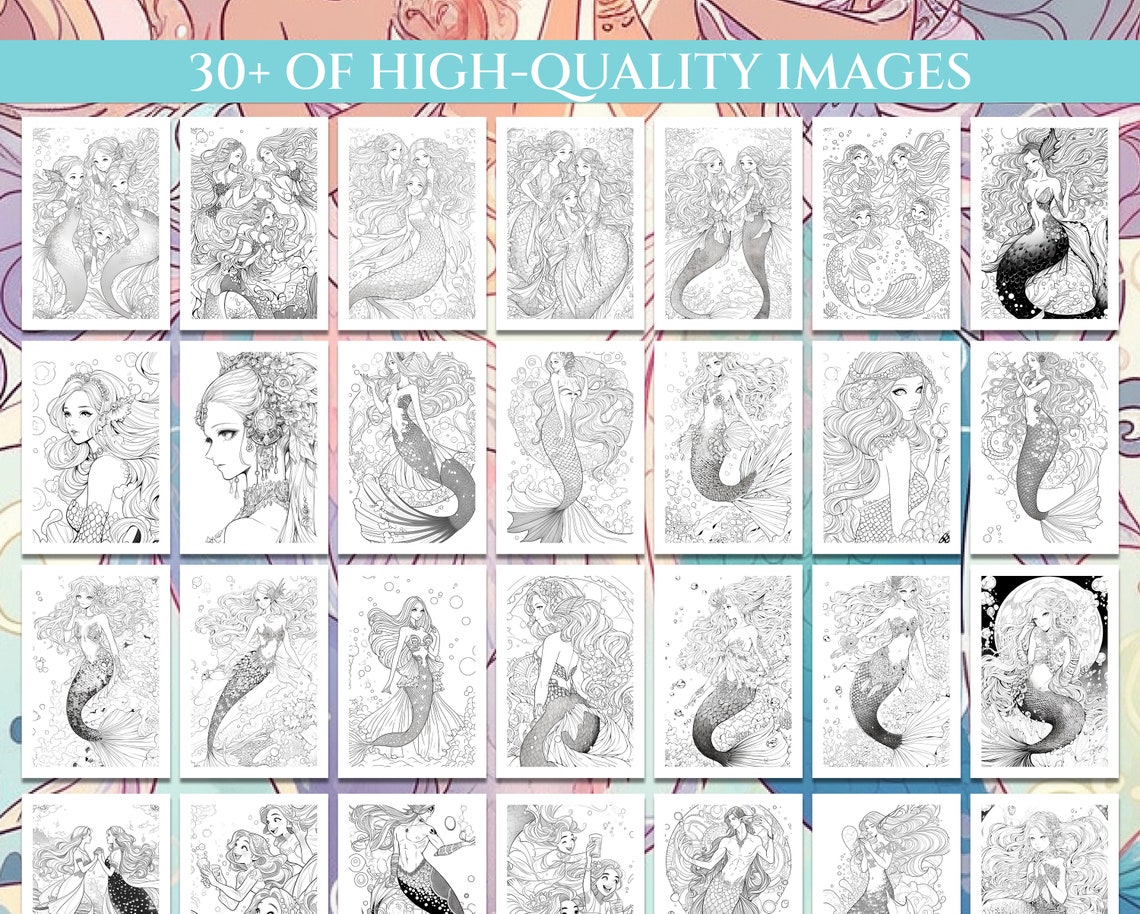 30 Coloring Pages With Manga Mermaids, Grayscale Coloring Sheet HD ...