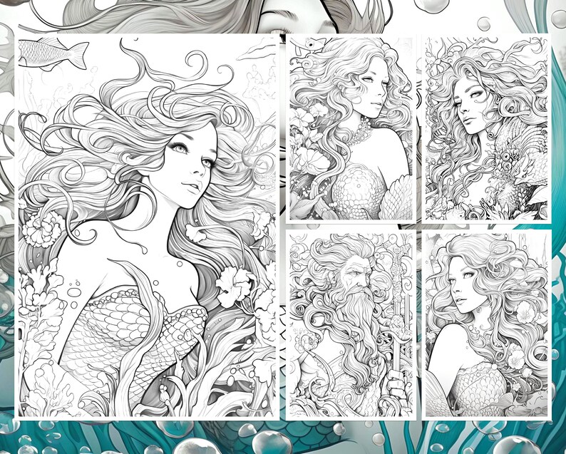 60 Mermaids Coloring Pages for Adults Printable Book Art, Grayscale ...