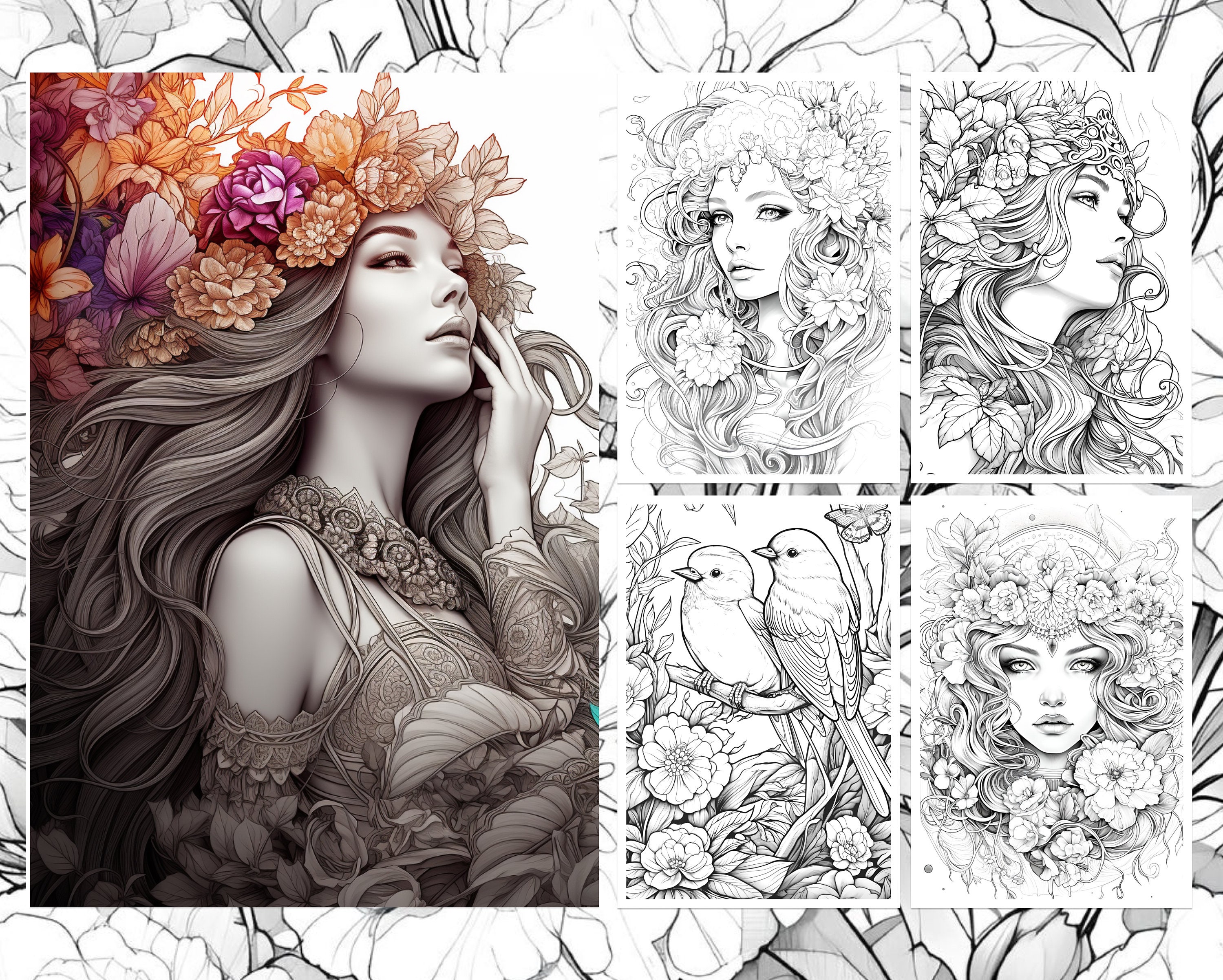 60 Art Nouveau Coloring Pages for Adults Flowers Butterflies Birds