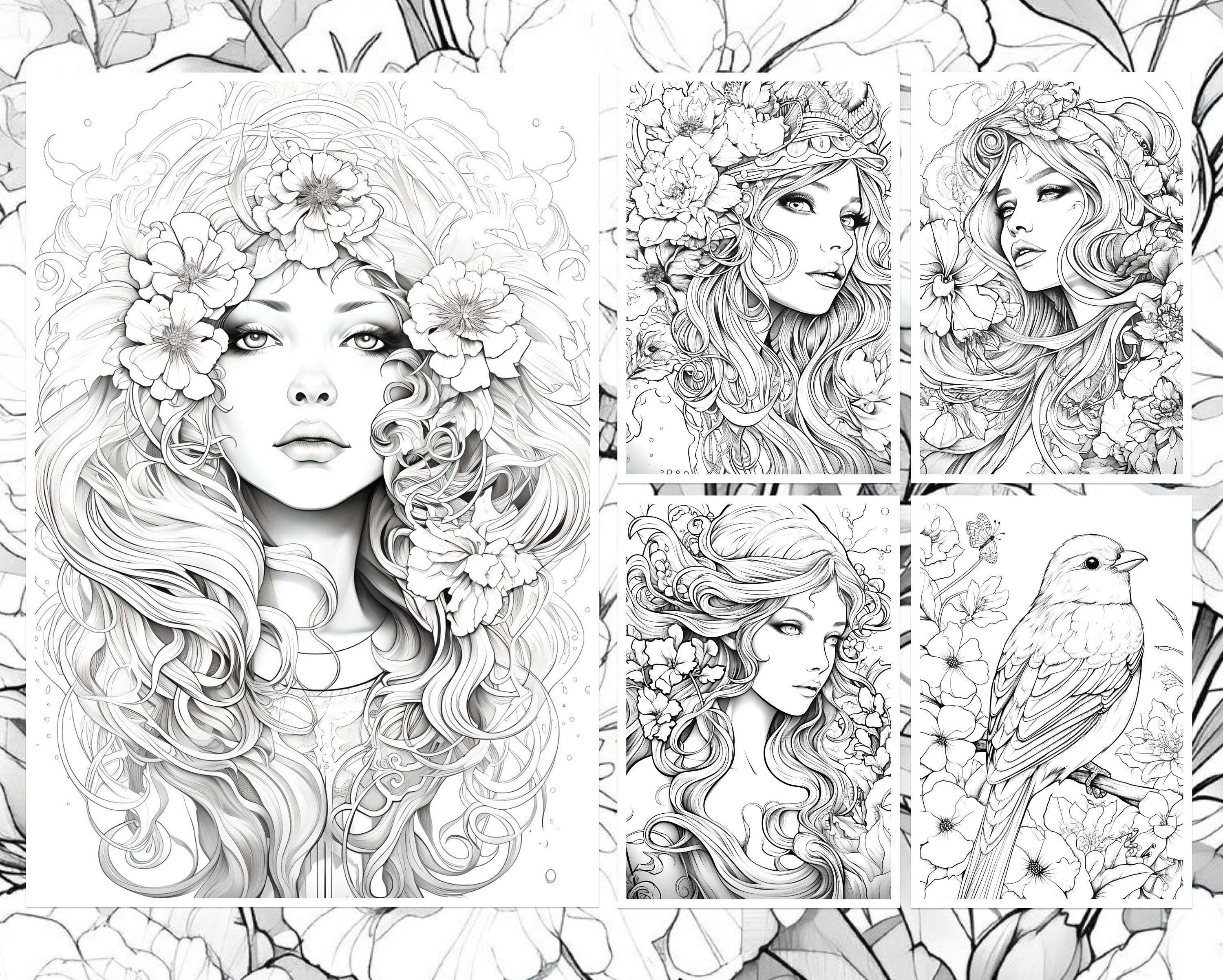 60 Art Nouveau Coloring Pages for Adults Flowers Butterflies Birds ...