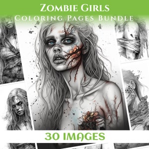 Puede incluir: Un paquete de 30 páginas para colorear con chicas zombie. La imagen de la portada muestra un primer plano de una chica zombie con la cara ensangrentada y una flor en la mano. El texto "Zombie Girls Coloring Pages Bundle" y "30 Images" es visible en la portada.