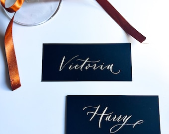 Black Flat Place Cards | Handwritten Modern Calligraphy Place Cards for Wedding and Events.