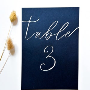 Puede incluir: Una tarjeta con el número de mesa azul marino con caligrafía blanca. La palabra "mesa" está escrita en cursiva sobre el número "3". Tallos de trigo seco en la esquina superior izquierda de la imagen.