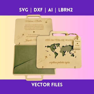 Biglietto salvadanaio per matrimonio a forma di valigia. Valigia nuziale con mappa del mondo - File di taglio laser svg, dxf, ai, LBRN2 (LightBurn)