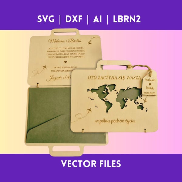 Wedding card for money in the shape of a suitcase. Suitcase with a world map wedding - Laser cutting files svg, dxf, ai, LBRN2 (LightBurn)