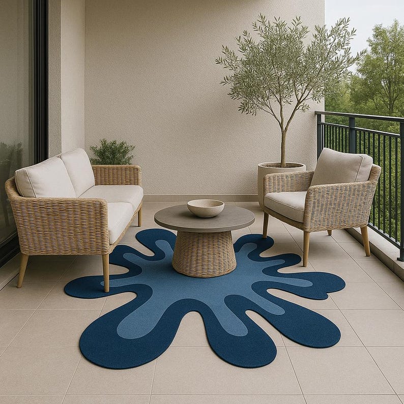 Op de afbeelding: Een balkonsc&egrave;ne met een blauw, abstract gevormd tapijt. Rotan meubels met cr&egrave;mekleurige kussens, een ronde salontafel en een olijfboom in pot staan op de betegelde vloer. Het tapijt heeft twee blauwtinten.