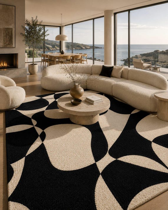 Hand Tufted Abstract Rug, Black Cream Modern Wool Area Carpet, Organic Rug
